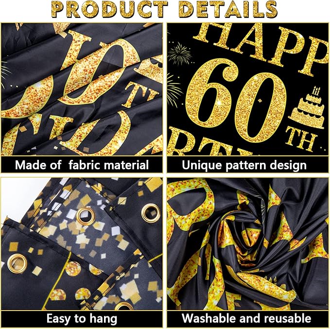 60th Birthday Banner - Black & Gold - 71 x 45 Inch - Happy 60th Birthday Decor
