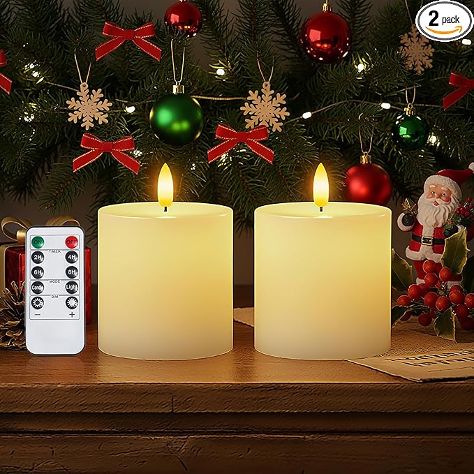 Homemory White Flameless Candles Battery Operated with Remote Timer, 3x3 Real Wax LED Pillar Candle for Home Fireplace Bedroom Living Room Party, Set of 2