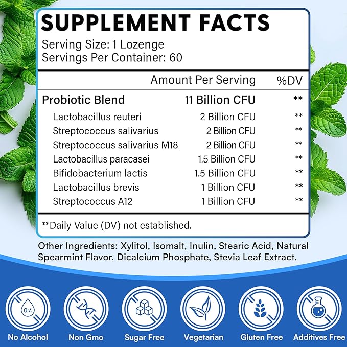 Oral Probiotics, 11 Billion CFU, with M18, A12, Oral Probiotics for Mouth Bad Breath for adults, Dry Mouth, Gum Health & Gum Restore, Chronic Halitosis, Fresh Breath, 60 Lozenges (Mint Flavor)