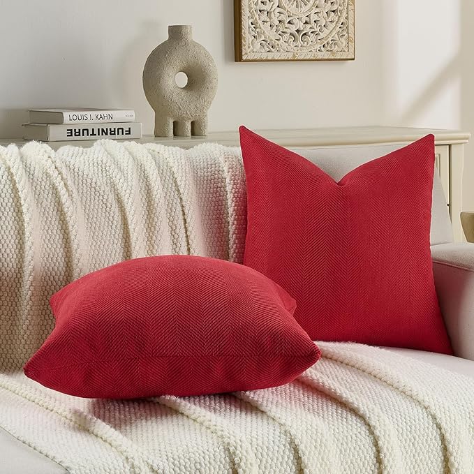 FUTEI Christmas Red Chenille Throw Pillow Covers 16x16 Inch Set of 2,Soft Wide Chevron Textured Cushion Case,Farmhouse Home Decor for Couch Bed Living Room