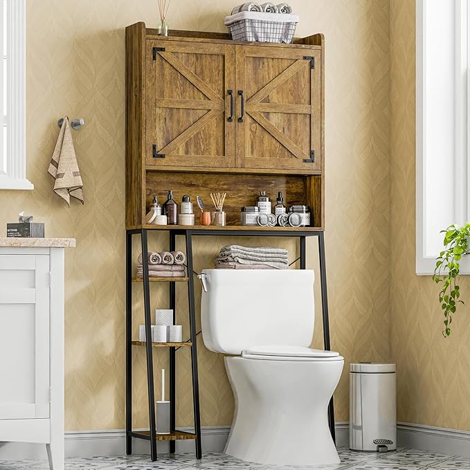 Vabches Over The Toilet Storage Cabinet, Farmhouse Storage Cabinet Over Toilet with Barn Doors & Toilet Paper Holder Stand，Home Space-Saving Toilet Rack, for Restroom, Laundry and Bathroom