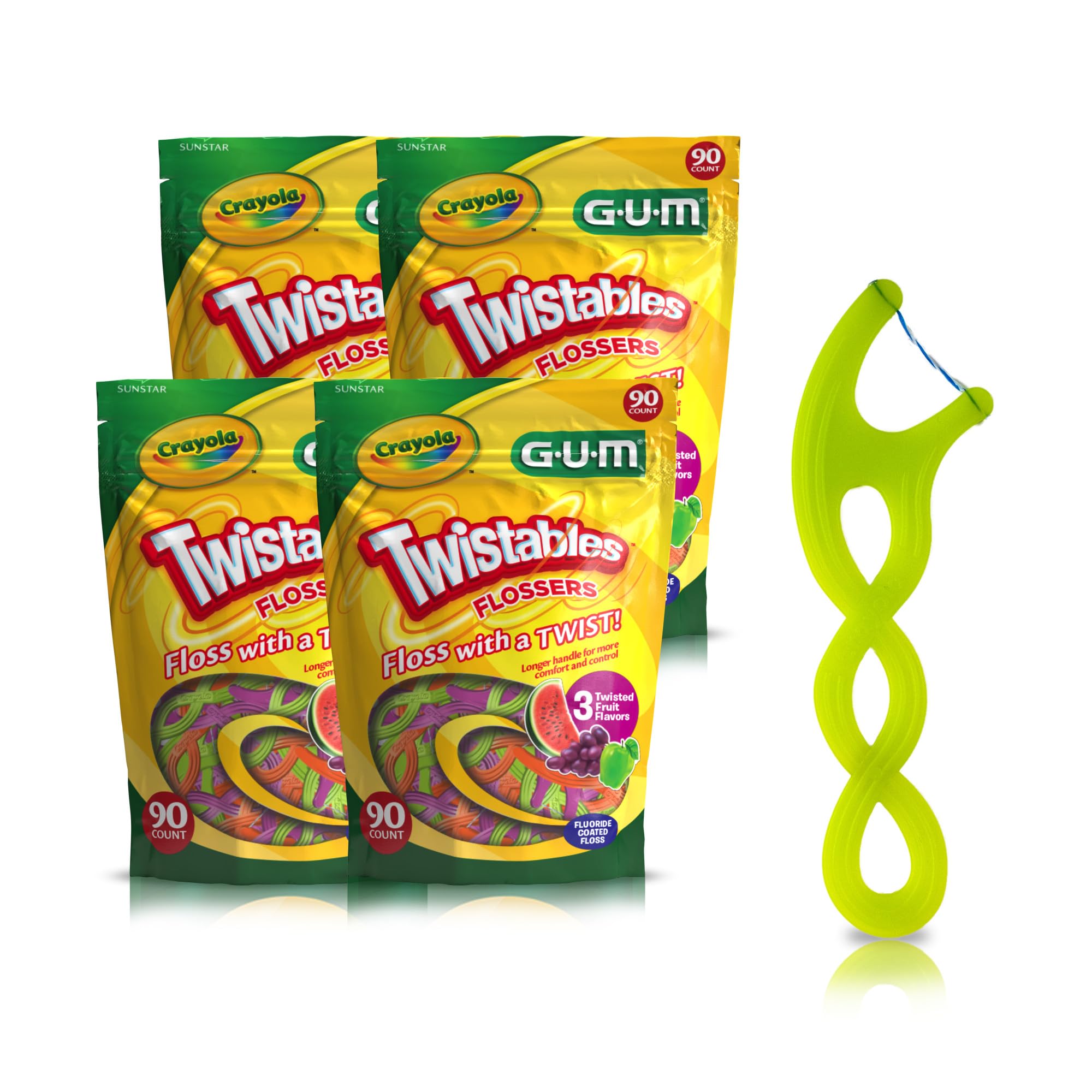 GUM Crayola Twistables Kids Flossers with Fluoride, Designed for Little Hands, Three Fun Fruit Flavors, Easy-to-Use Dental Floss Picks for Children Ages 3+, 90 Count (Pack of 4)