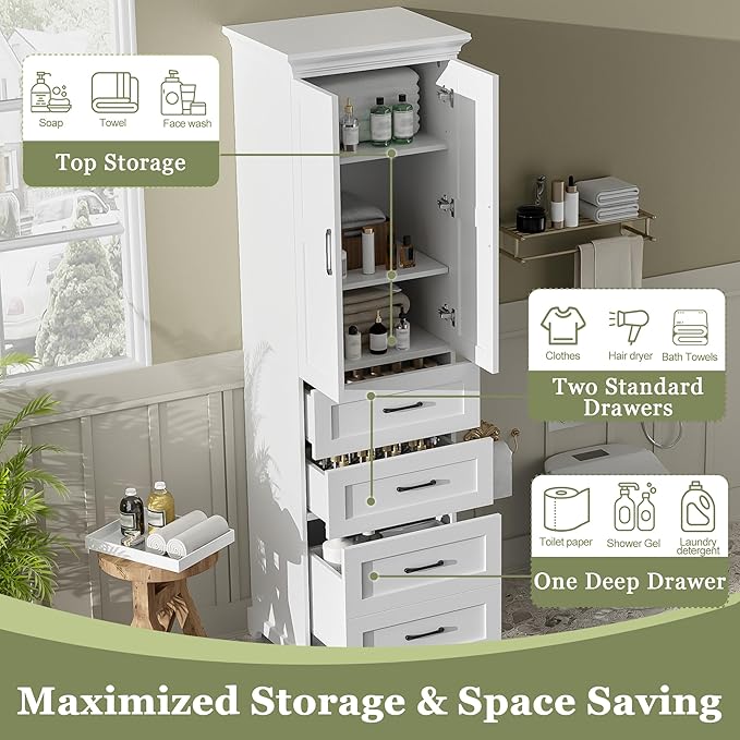 Tall Freestanding Storage Cabinet with 2 Doors & 3 Drawers, Multi-Purpose Organizer with Adjustable Shelf for Bathroom, Office, Living Room, White