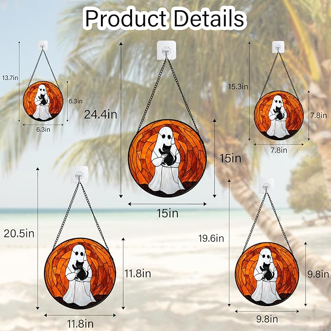 Stained Glass Window Hanging - Halloween Cute White Ghost Black Cat Suncatcher for Doors Garden Home Spooky Orange Sun Catchers Gothic Decor Horror Gift for Women Men Friend Boy Girl 6.3 in