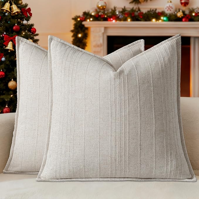 a moment Linen Pillow Covers Set of 2,Boho Farmhouse Throw Pillowcases Neutral Textured Decorative Covers for Couch Sofa, Soft Linen Blend Accent Case Cushion Christmas Home Decor 22"x22"Ivory