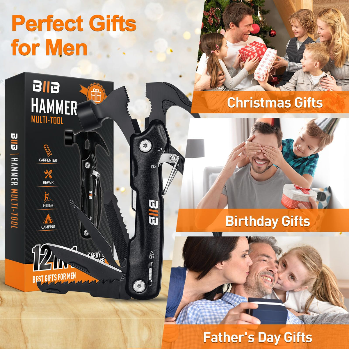 BIIB Gifts for Men, 12 in 1 Hammer Multitool, Anniversary Birthday Gifts for Men, Mens Gifts for Him Dad Husband Boyfriend, Dad Gift for Mens Who Have Everything, Camping Essentials Survival Gear Tool
