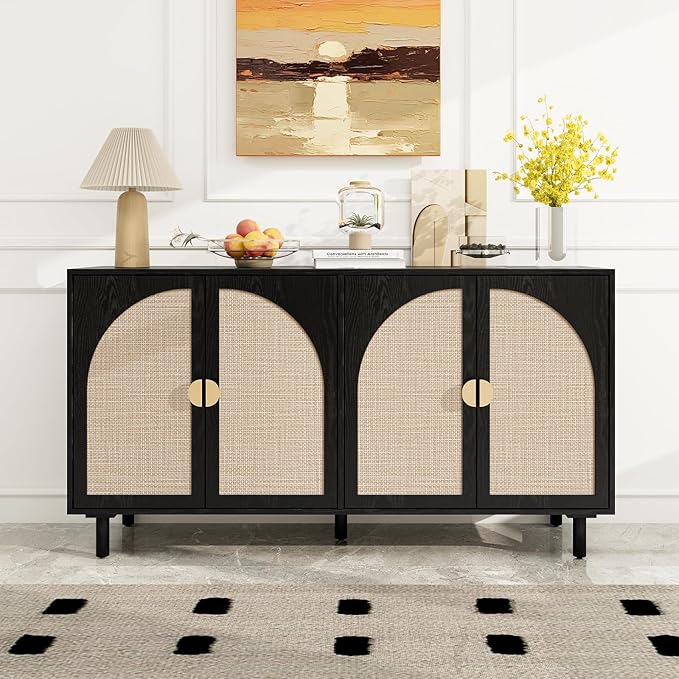 Black Sideboard Cabinet with 4 Rattan Doors, Rattan Buffet Cabinet with Adjustable Shelves & Pine Legs, Boho Sideboard Buffet for Living Room, Kitchen, Entryway, Black