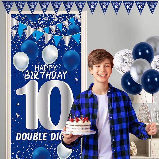 10th Birthday Decorations for Boys Girls, Blue Silver 10th Birthday Decorations Backdrop with Happy 10th Birthday Banner, Number 10 Hanging Swirls, Triangle Flag, 10 Years Old Party Decor Supplies