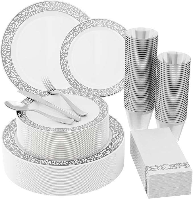 𝟐𝟏𝟎 Count Silver Plastic Dinnerware, Silver Disposable Plates, Includes 30 Dinner & 30 Dessert Plates & 30 Cups & 30 Paper Napkins & 30 Plastic Silverware Set