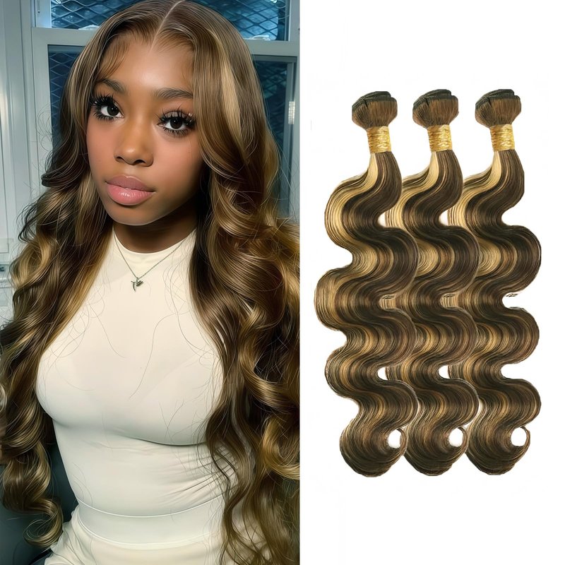 KODRHAR Blonde Highlight Body Wave Bundles Human Hair 8 10 12 Inch Virgin Remy Honey Blonde Bundles Human Hair Brazilian Highlight Brown Bundles Hair Extensions P4/27 Color