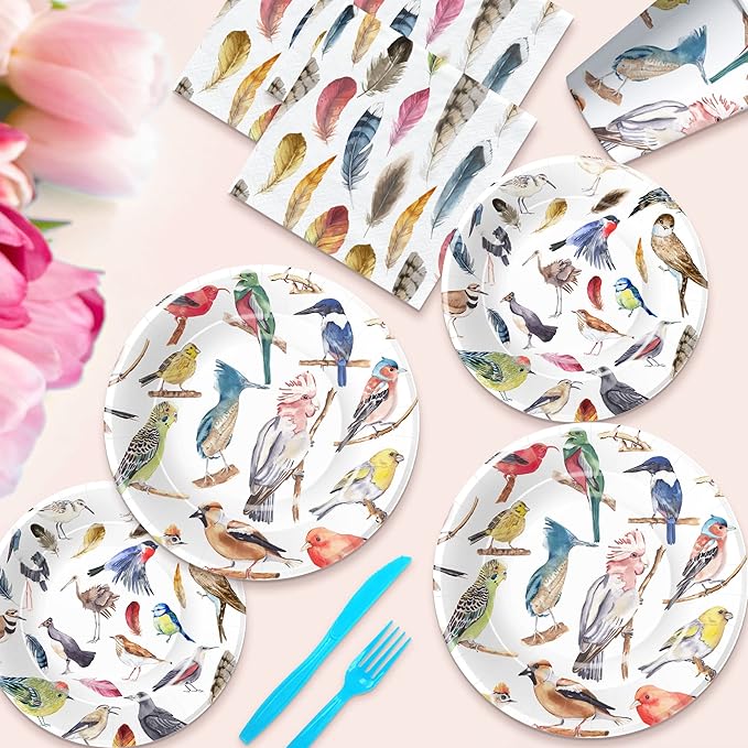 Xigejob Bird Party Decorations Tableware for Bridal Baby Shower Birthday Wedding Summer Tea, Colorful Bird Birthday Party Supplies, Paper Plate, Cup, Napkin, Tablecloth, Cutlery, Serves 24
