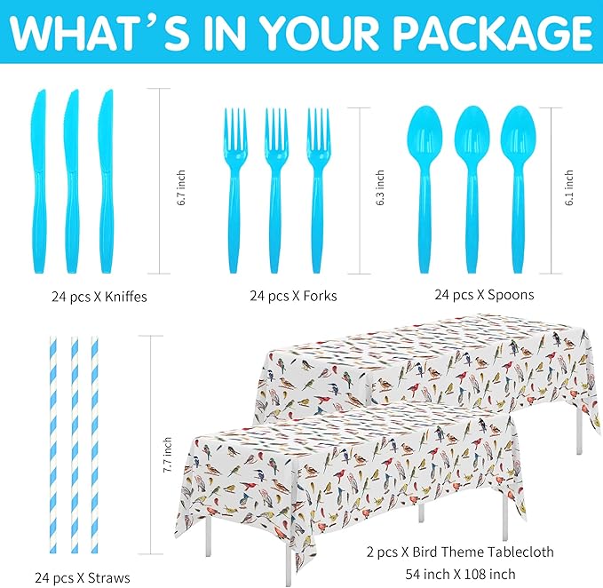 Xigejob Bird Party Decorations Tableware for Bridal Baby Shower Birthday Wedding Summer Tea, Colorful Bird Birthday Party Supplies, Paper Plate, Cup, Napkin, Tablecloth, Cutlery, Serves 24
