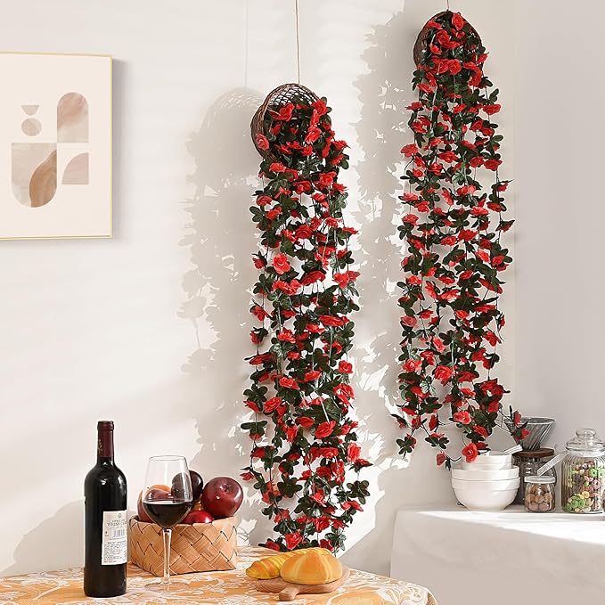 MARTINE MALL Flower Garland Vines, 12 Strands 99Ft for Bedroom, Rose Decoration, Floral Garland for Room Table Christmas Birthday Wedding Party Garden Wall Decor