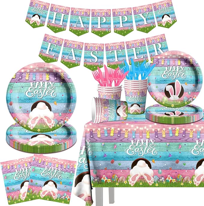 Easter Party Supplies-Happy Easter Tableware,142pcs Easter Plates and Napkins Bunny Plates Easter Tablecloth for Colorful Spring Easter Party (Tableware)