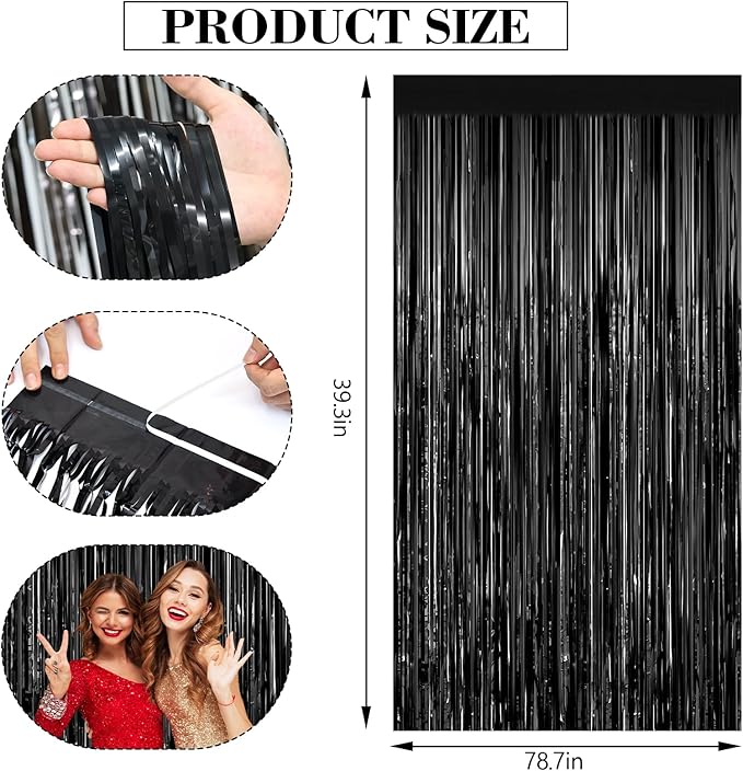 Black Foil Curtain Backdrop 2Pack Black Metallic Tinsel Fringe Curtains Photo Booth Props for Birthday Wedding Engagement Baby Shower Bachelorette Xmas Holiday Celebration Graduation Party Decorations
