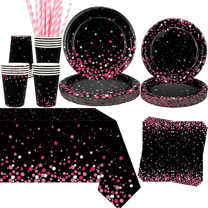 Pink Black Party Decoration - Pink and Black Birthday Party Tableware Supplies Includes Plates, Cups, Napkins, Tablecloth, Straws (20)
