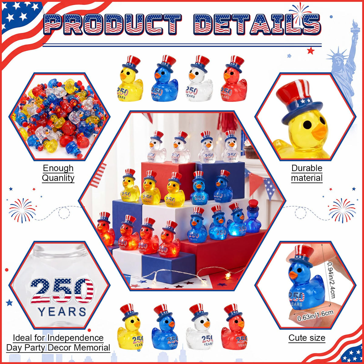 Skylety 96 Pcs 250th Anniversary Patriotic Resin Ducks USA 4th of July Independence Day Party Decor Luminous Duck Figure Garden Potted Miniature Cake Decor Craft Charms Collector Veteran Souvenir