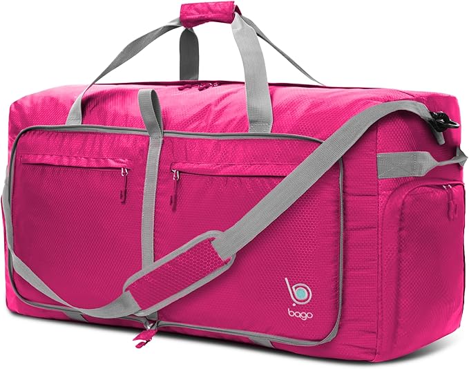 Bago Large Foldable Duffel Bags for Traveling Women & Men - 120L Packable Duffle Bag for Travel with Shoe Compartment - Water Repellant, Heavy Duty, Lightweight Folding & Collapsible (Pink)