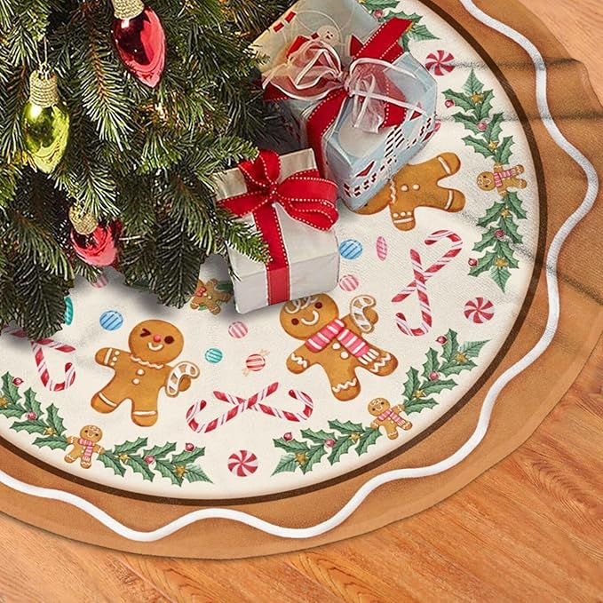 Gingerbread Man Christmas Tree Skirt Xmas Tree Mat Halloween Thanksgiving Christmas Tree Ornaments Decorations Holiday Party Indoor Outdoor 30"