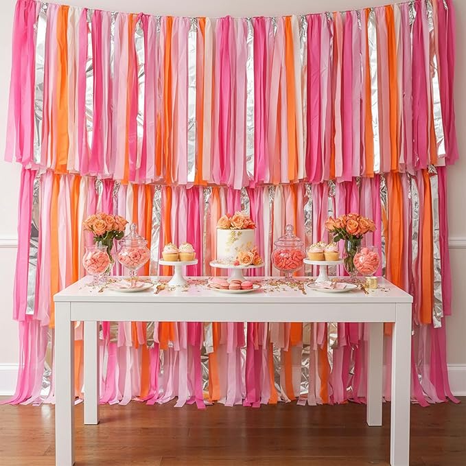 PapaKit 5ft Extra Large Sunset Sorbet Streamer Fringe Backdrop | Ready to Hang | String-Hanging Damage-Free Photo Booth Background for Summer Party, Bridal Shower, Birthday