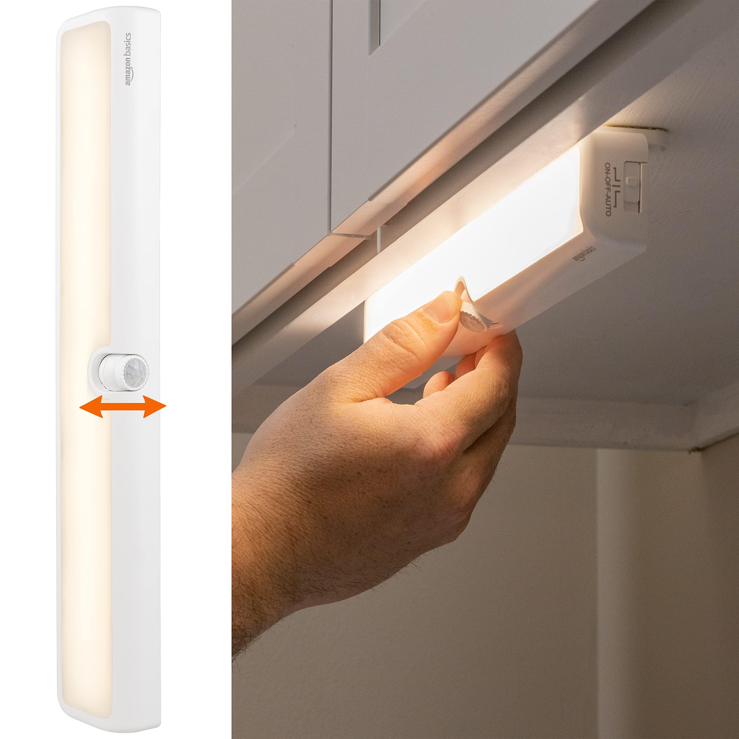 Amazon Basics LED Motion Sensor Light Bar, USB/Battery Operated, 250 Lumens, 12 Inches, Swivel, Under Cabinet Lighting for Closet, Kitchen, 2-Pack, White