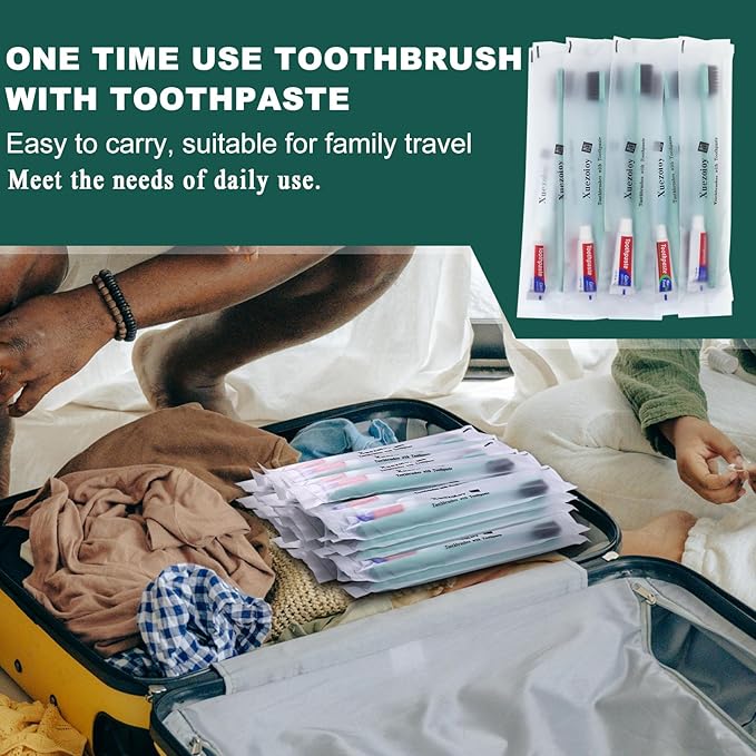Disposable Toothbrushes with Toothpaste,100 Pack Green Individually Wrapped Disposable Travel Toothbrushes Kit in Bulk for Homeless,Nursing Home,Hotel,Charity