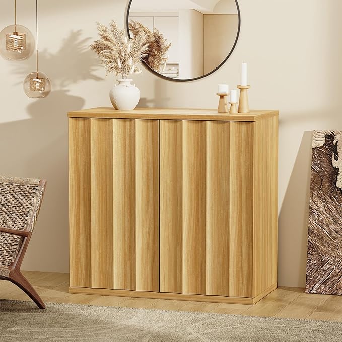 Fluted Sideboard Cabinet with Storage, 31.5" Coffee Bar Cabinet, Modern Kitchen Buffet Cabinets with Doors, Entryway Cabinets for Living Room, Kitchen, Coffee Bar, Natural