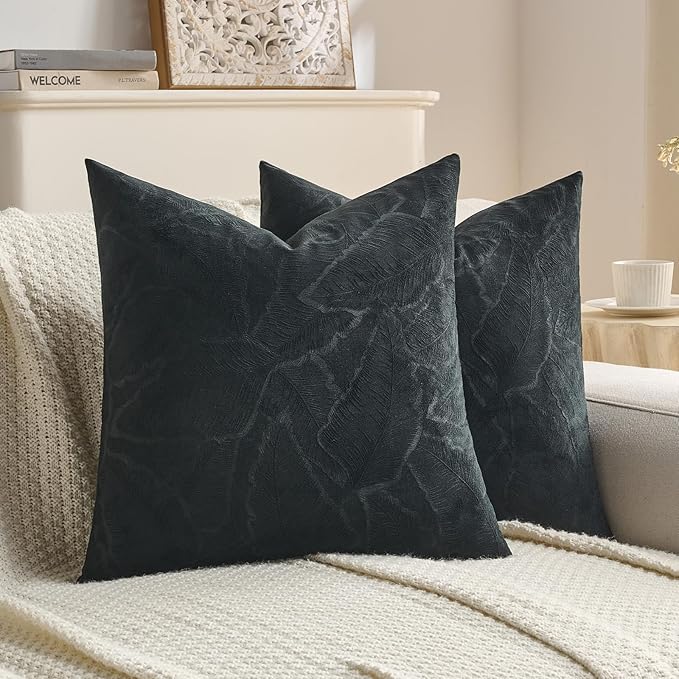 FUTEI Black Velvet Throw Pillow Covers 20x20 Inch Set of 2,Soft Embossed Leaf-Relief Textured Cushion Cases,Natural Home Decor for Couch Living Room