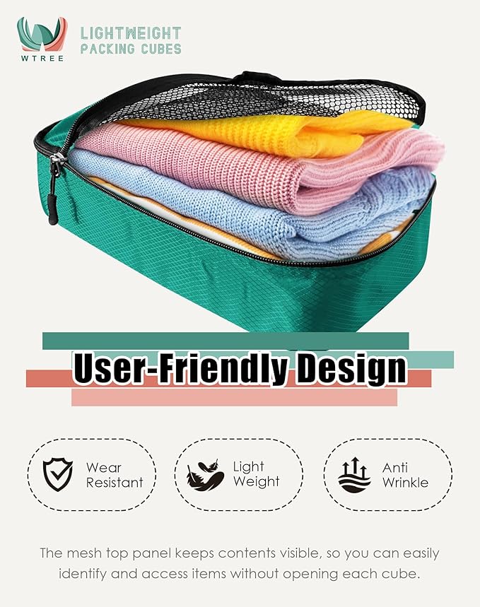 WTREE 4-Piece Packing Cubes Travel Accessories Set for Suitcases - Luggage Organizer Bags with Double Zipper - Mesh Top - Large - Green