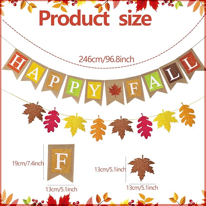 Happy Fall Burlap Banner Glitter Maple Leaf Paper Banner Pre-Assembled Rustic Bunting Garland Hanging Decorations for Autumn Harvest Thanksgiving Home Office School Party Supplie