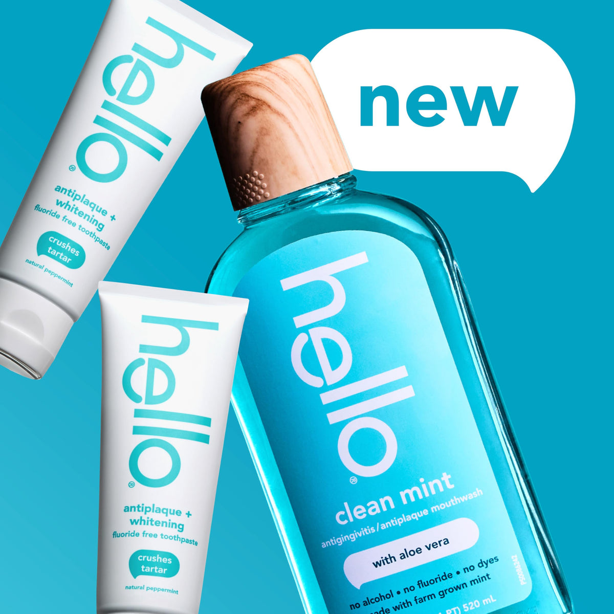 Hello Antiplaque Whitening Fluoride Free Toothpastes and Clean Mint Alcohol Free Mouthwash Bundle Pack, Whitening Toothpaste and Antigingivitis Gum Mouthwash Pack, No Alcohol for Zero Burning