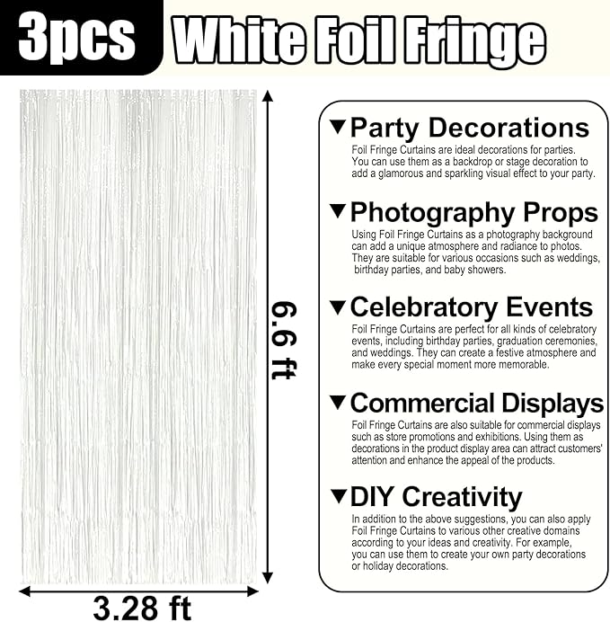 3 Pack Macaron White Foil Fringe Curtain Backdrop, 3.28Ft x 6.6Ft Metallic Tinsel Foil Fringe Streamer Curtains for Photo Booth, Christmas Day, Thanksgiving, Wedding, New Year Party Decorations