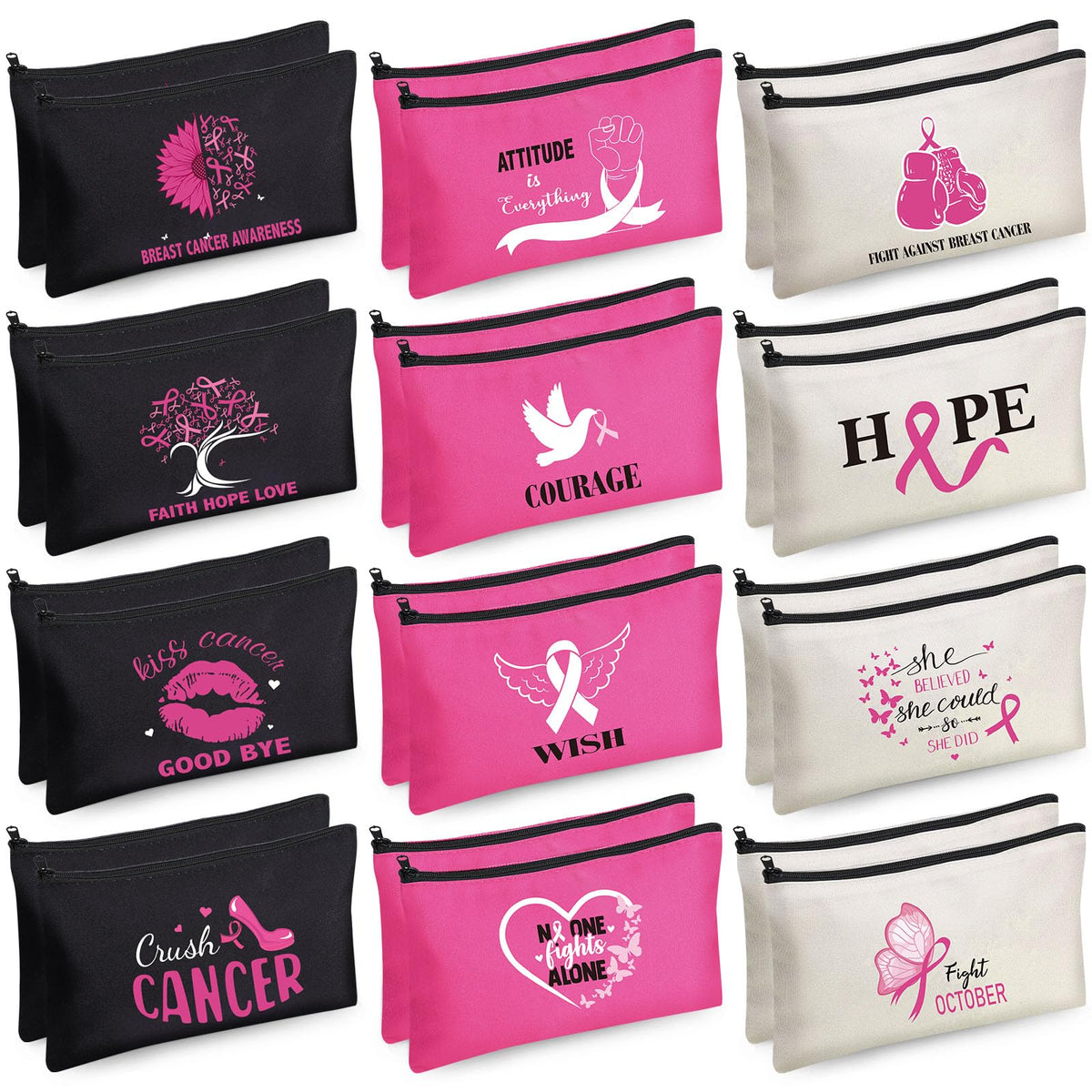 Xuniea Breast Cancer Awareness Bag Pink Ribbon Travel Makeup Pouch Breast Cancer Cosmetic Pouch Portable Canvas Breast Cancer Gift Bag for Vacation Travel Women Breast Cancer Awareness Party (24 Pcs)