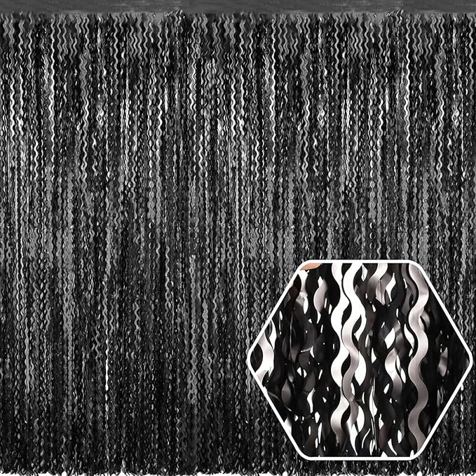 4 Pack Black Wave Foil Fringe Curtain Backdrop, 3.28Ft x 8.2Ft Metallic Tinsel Foil Fringe Streamer Curtains for Photo Booth, Mother's Day, Easter, Birthday, Wedding Party Decoration