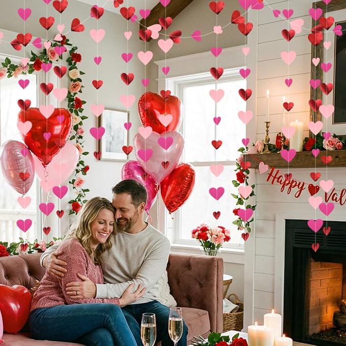 10 Pack 130ft Rose Red Pink Heart Party Garland Asymmetrical Love Hanging Banners for Birthday Wedding Decorations Mothers Day Bachelorette Bridal Shower Engagement