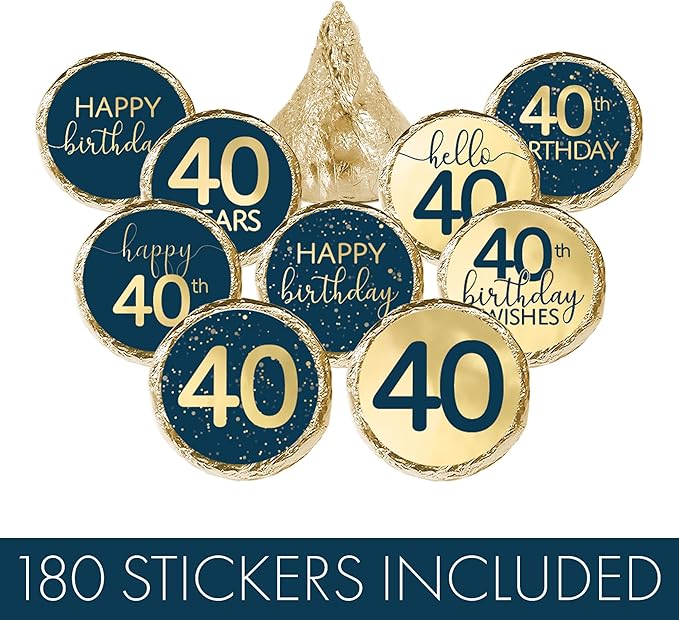 40th Birthday Party Favor Stickers – 180 Navy Blue and Gold Foil Labels for Chocolate Kisses – Candy Decorations for 40th Birthday Celebration – Milestone Party Supplies for Him or Her