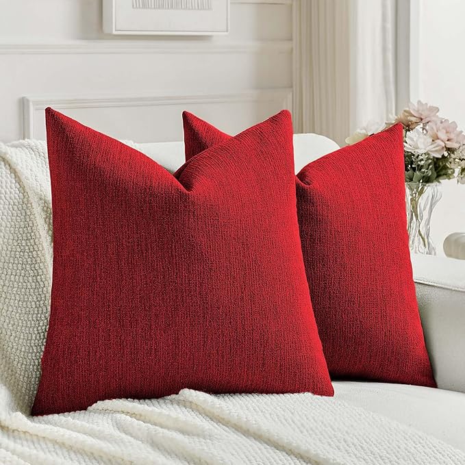FUTEI Christmas Red Chenille Decorative Throw Pillow Covers 26x26 Inch Set of 2,Soft Cozy Faux Linen Textured Euro Pillow Shams,Farmhouse Home Decor for Couch Living Room