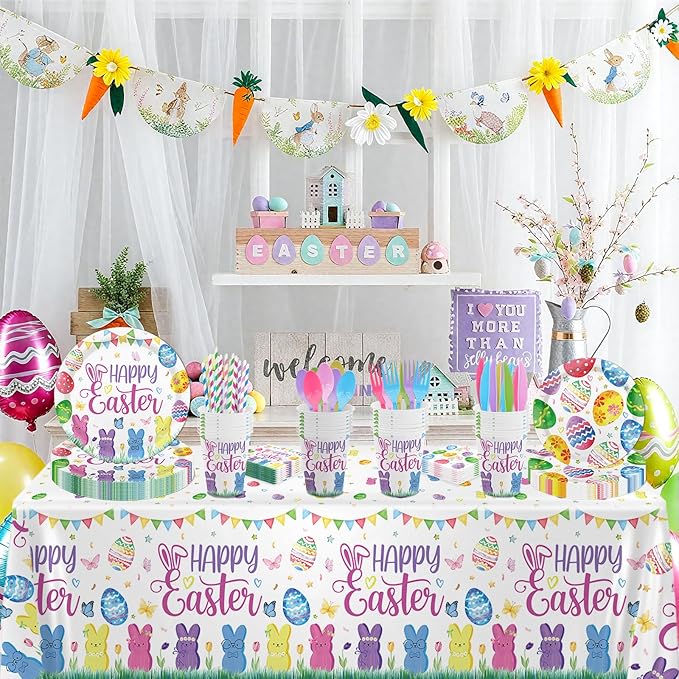 MEHOFOND 194pcs Easter Plates and Napkins, Happy Easter Paper Plates and Napkins Disposable, Spring Colorful Bunny and Eggs Theme Round Tableware, Rabbits Easter Party Supplies Table Decor, Serves 24