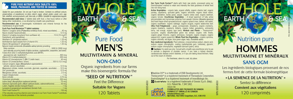 Natural Factors Whole Earth & Sea Men's Multivitamin & Mineral - Daily Health Supplement for Men Under 50 - Vegan, Non-GMO & Gluten-Free - 120 Tablets (60 Servings)