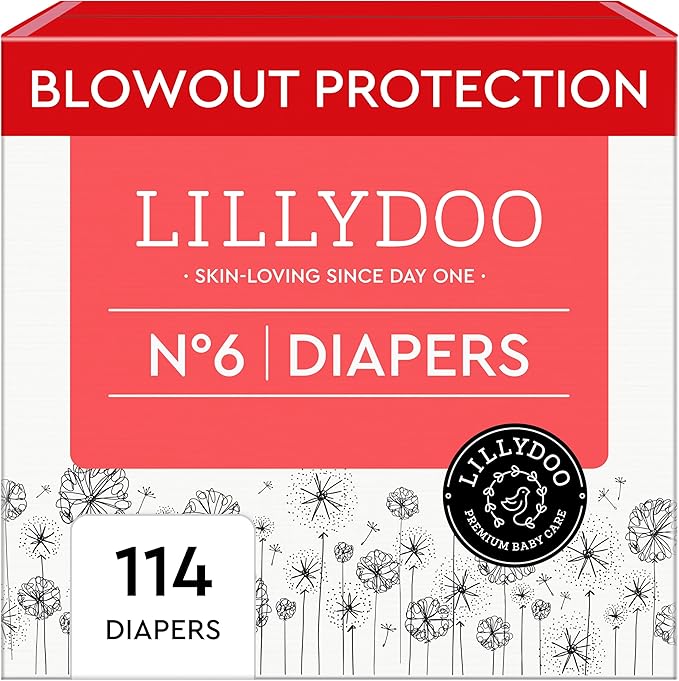 LILLYDOO Baby Diapers - Size 6 (29+ lbs), Monthly Supply (114 Count), Leak Protection, Skin-Friendly, Ultrasoft, Perfume- & Chlorine-Free, Hypoallergenic, dermatologically Tested, Oeko-TEX®