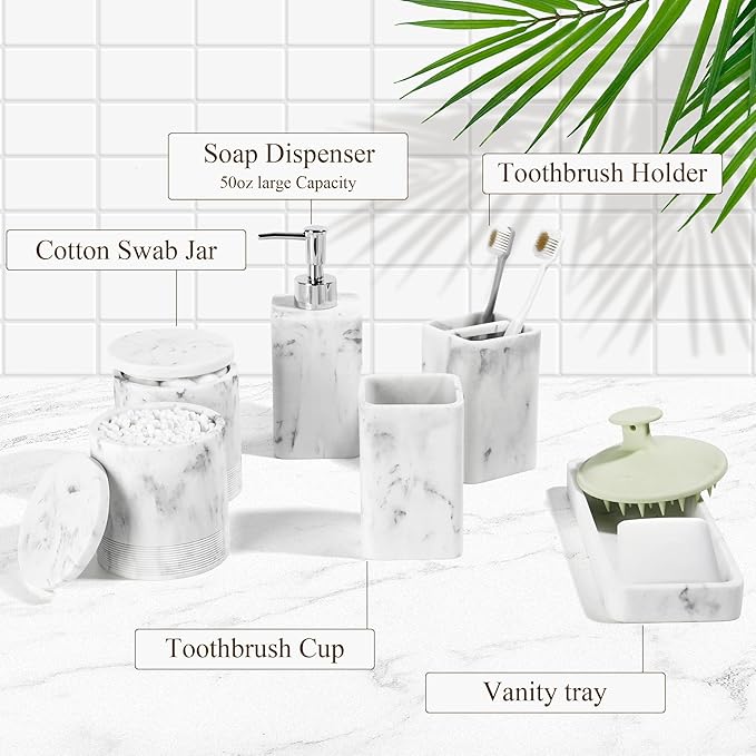 Bathroom Accessories Set, 6 Piece Bathroom Set with Toothbrush Holders, Soap Dispenser, Vanity Tray, Tumbler, Cotton Swab Jars, Bathroom Organizer，Bathroom Sink Sets, Artificial Marble White