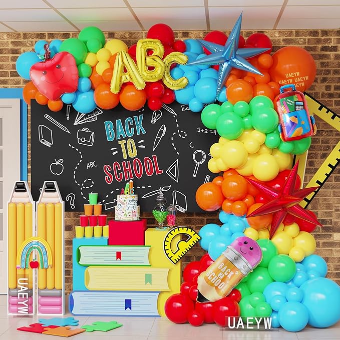 Back to School Balloon Arch Garland Kit,152Pcs Rainbow Balloons with Pencil Apple Schoolbag ABC Foil Balloons for First Day of School Kindergarten Graduation Back To School Classroom Party Decorations