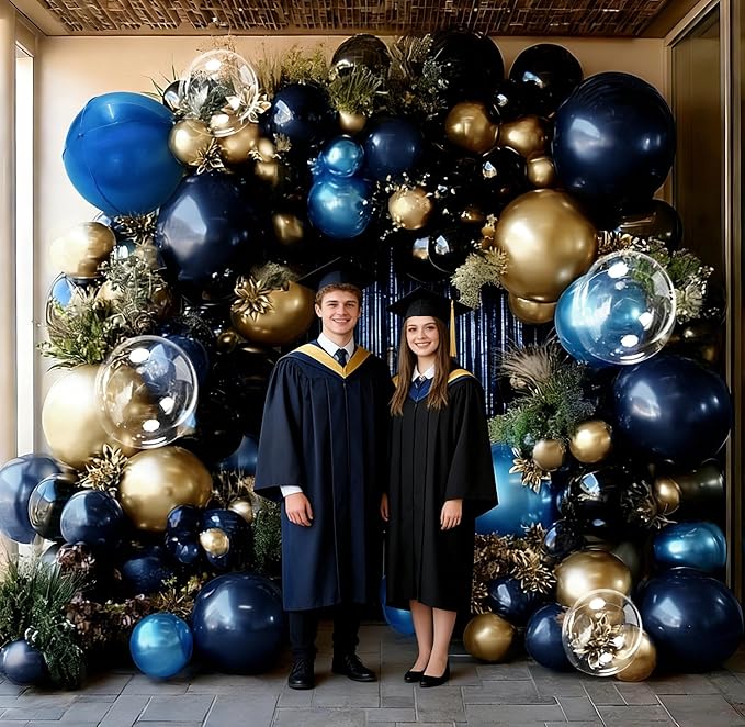 Navy Blue Black Balloon Arch Double Stuffed Dark Royal Blue Black Gold Balloon Garland Kit Banner Fringe Curtain Foil Balloons for Birthday Graduation Wedding Anniversary Space Baby Shower Decor