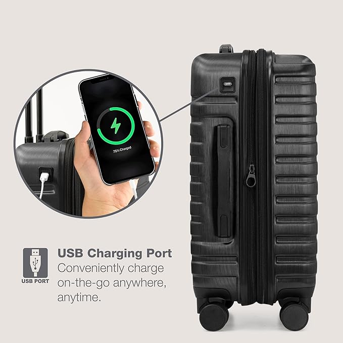 U.S. Traveler Boren Polycarbonate Hardside Rugged Travel Suitcase Luggage with 8 Spinner Wheels, Aluminum Handle, Carry-on 22-Inch, USB Port, Black