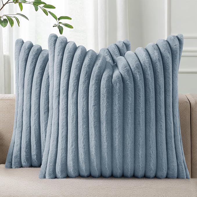 Pallene Faux Fur Plush Throw Pillow Covers 26x26 Set of 2, Luxury Soft Fluffy Striped Decorative Pillow Covers for Sofa, Couch, Living Room, Blue Grey