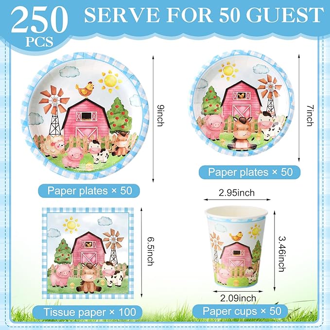 Pickmesh 250 Pcs Farm Animals Party Supplies Decorations Serve 50 Blue Farm Birthday Barn Animal Theme Disposable Paper Plates Napkins and Cups Dinnerware Cute Animal Baby Shower Party Decorations