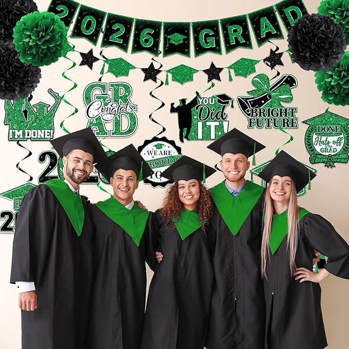 Green Graduation Decorations 2026, 2026 Grad Banner and Congrats Grad Hanging Swirls, Green and Black Graduation Banner Graduations Hanging Swirls College Graduations Party Decorations Class of 2026