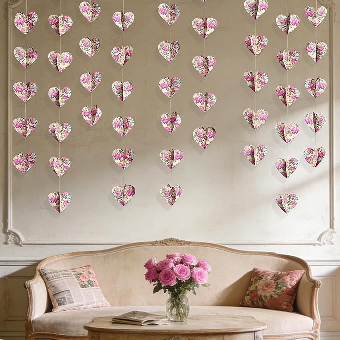 Heart Party Decorations Vintage Pink Rose 3D Love Heart Newspaper Hanging Retro Floral Recycled Book Garland Streamer Banner for Valentines Day Anniversary Birthday Wedding Holiday Party Supplies