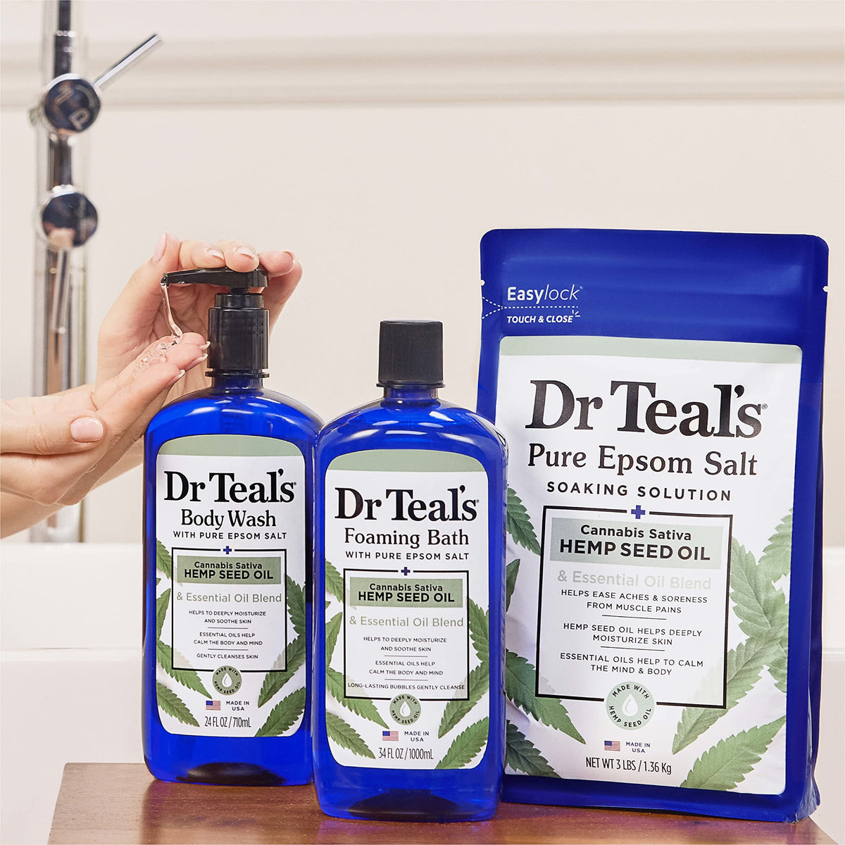 Dr Teal's Foaming Bath with Pure Epsom Salt, Cannabis Sativa Hemp Seed Oil, 34 fl oz (Pack of 4)
