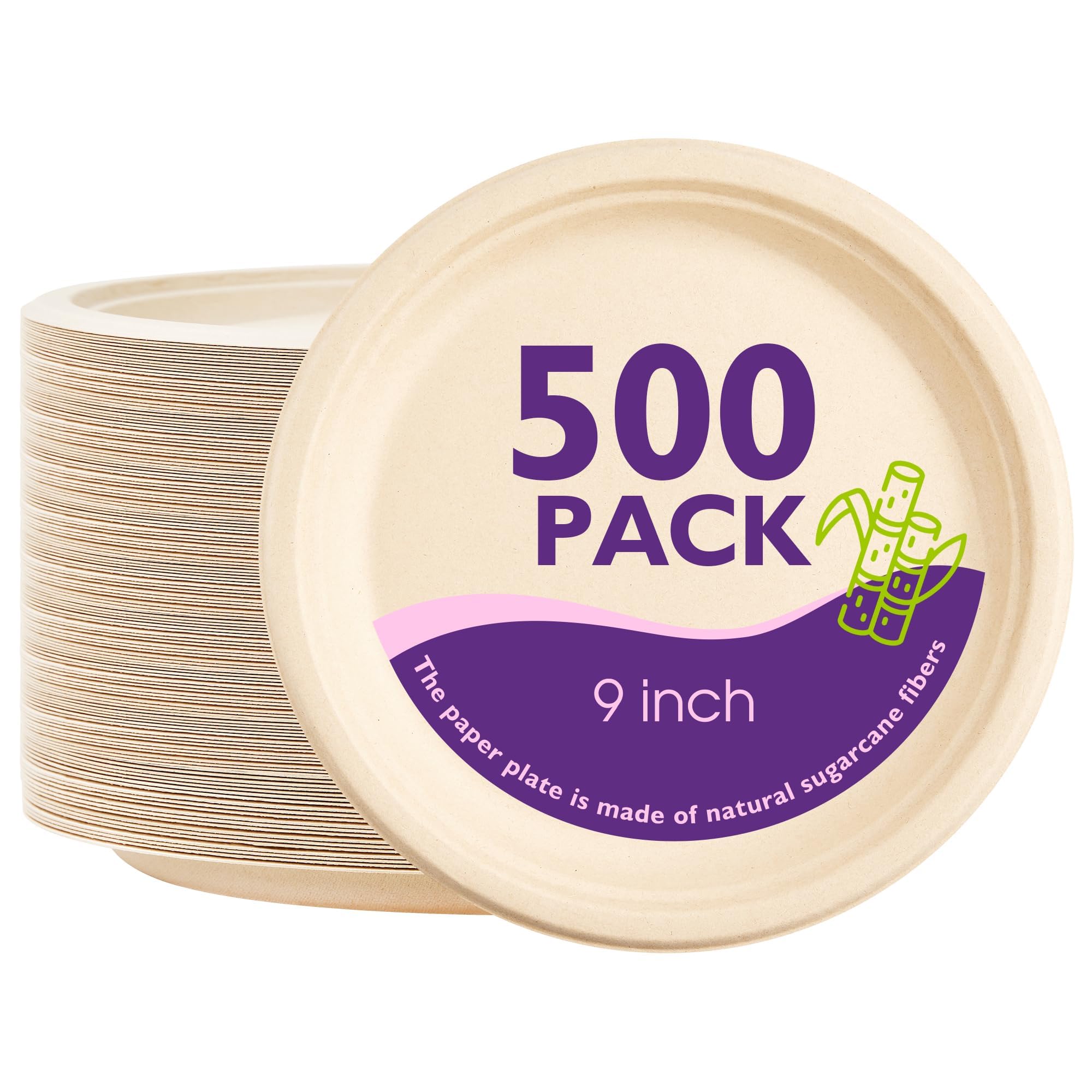 PACKINNO 9 Inch 500 Pack Compostable Paper Plates Round Unbleached Brown Plates Made from Natural Sugarcane Fibers, Biodegradable Heavy Duty Disposable Plates for Party, Camping, Picnic